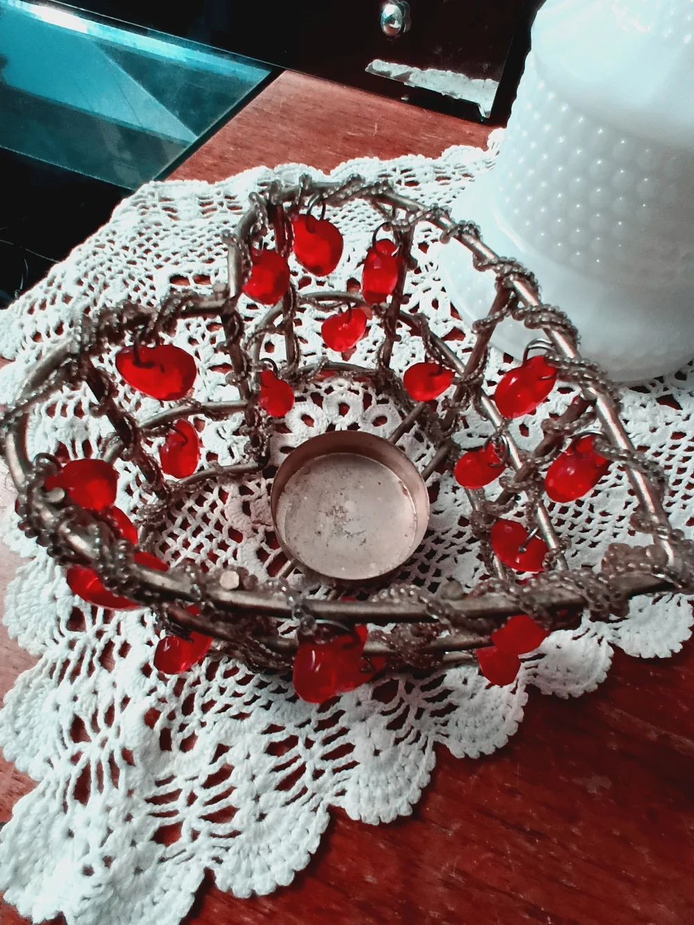 Handcrafted Metal Candle Holder with Red Glass Accents